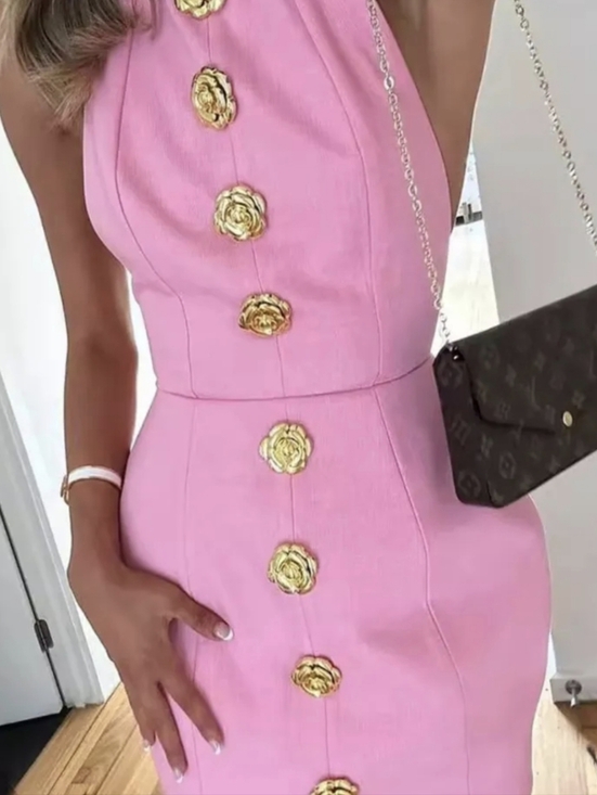 Dresses & Skirts - Chic Pink One-Shoulder Mini Dress with Gold Floral Buttons